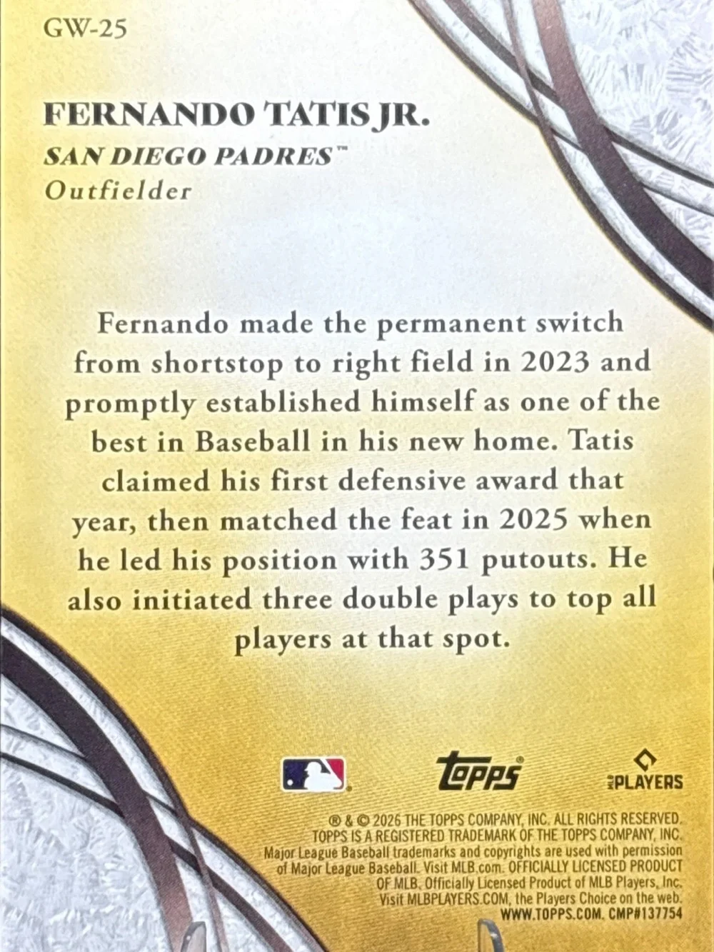 Topps Fernando Tatis Jr. Baseball Trading Card - Rainbow Holo Glove Work - Picture 2 of 2